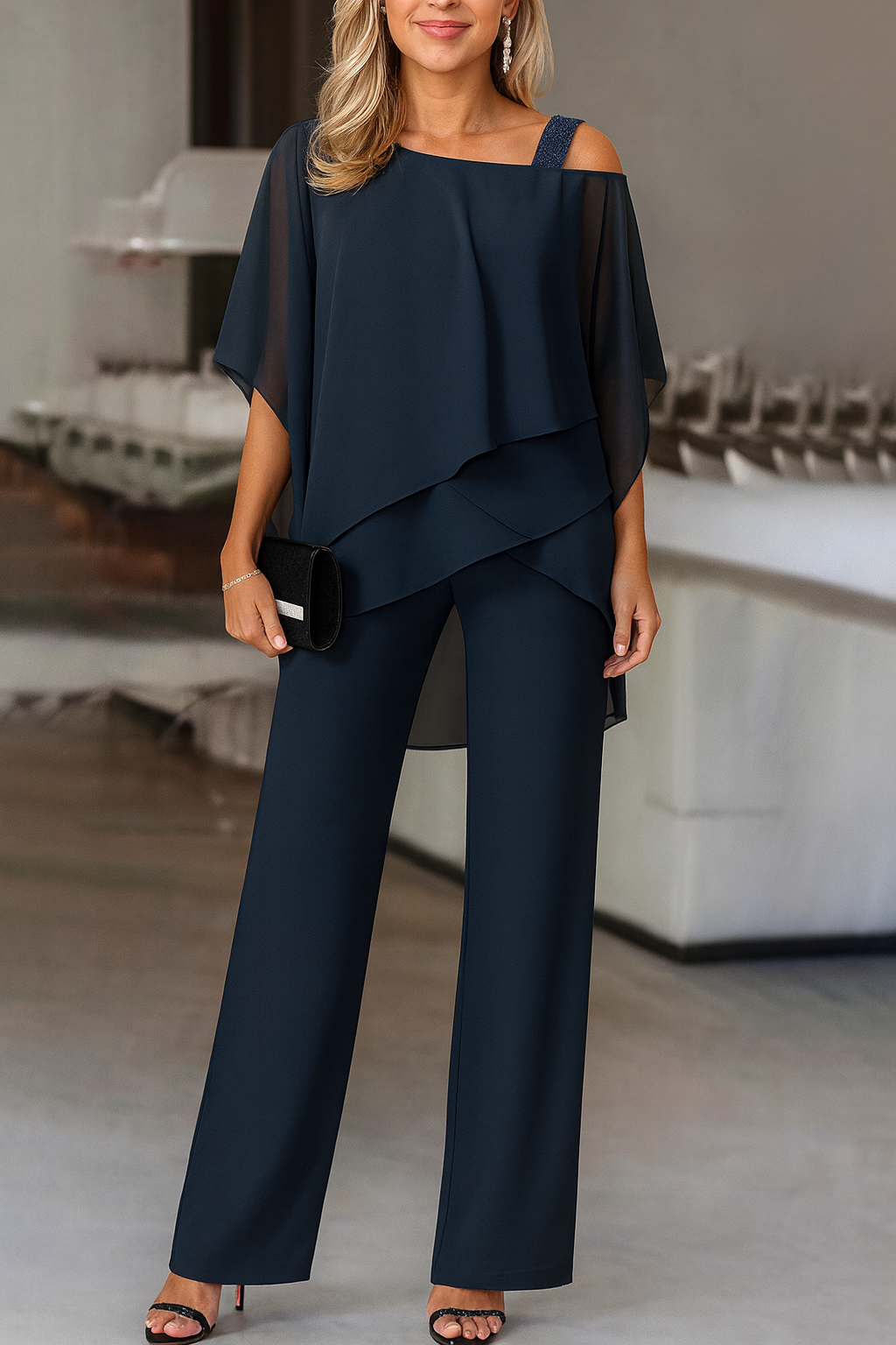 Women's Elegant Two-Piece Set Top & Wide-Leg Pants Formal Evening Wedding Guest Gala Cocktail Party Luxury – Burgundy Black White Blue