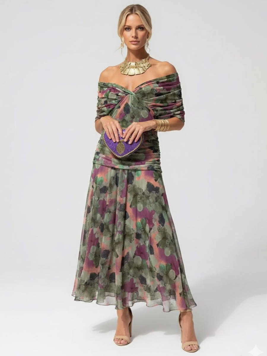 Women's Flowing Floral Long Dress Off-Shoulder V-Neck Formal Elegant Wedding Guest Casual – Lilly
