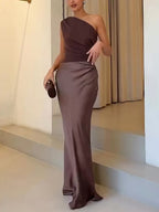 Women's One Shoulder Pleated Satin Long Dress Elegant Formal Wedding Guest Party Evening – Anita