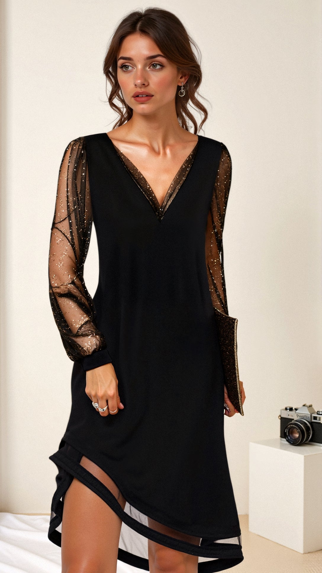 Women's Elegant Lace Sleeve V-Neck Midi Dress Stretchy Polyester Party Formal Night Out Dress – Matilda Black