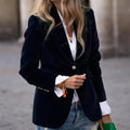 Women's Elegant Velvet Blazer Structured Shoulders Slim Fit Gold-Tone Buttons Formal Casual – Navy