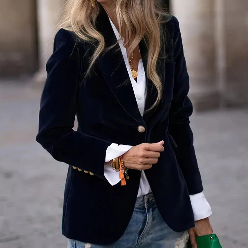 Women's Elegant Velvet Blazer Structured Shoulders Slim Fit Gold-Tone Buttons Formal Casual – Navy