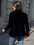 Women's Elegant Velvet Blazer Structured Shoulders Slim Fit Gold-Tone Buttons Formal Casual – Navy
