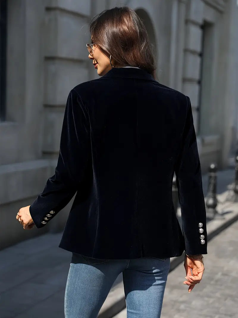 Women's Elegant Velvet Blazer Structured Shoulders Slim Fit Gold-Tone Buttons Formal Casual – Navy