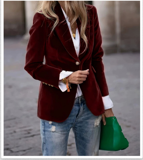 Women's Elegant Velvet Blazer Structured Shoulders Slim Fit Gold-Tone Buttons Formal Casual – Navy