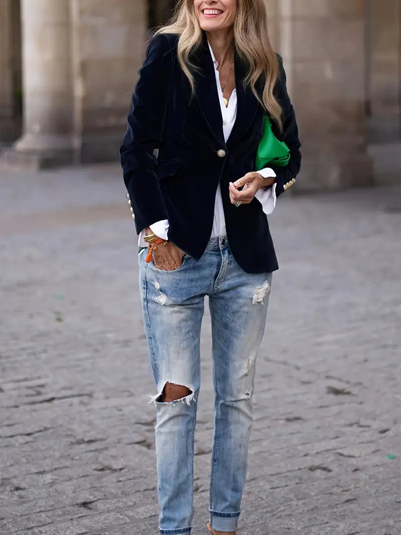 Women's Elegant Velvet Blazer Structured Shoulders Slim Fit Gold-Tone Buttons Formal Casual – Navy