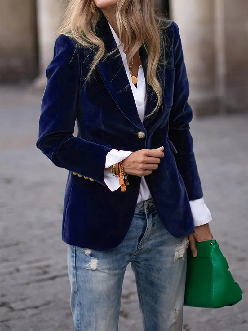 Women's Elegant Velvet Blazer Structured Shoulders Slim Fit Gold-Tone Buttons Formal Casual – Navy