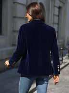 Women's Elegant Velvet Blazer Structured Shoulders Slim Fit Gold-Tone Buttons Formal Casual – Navy