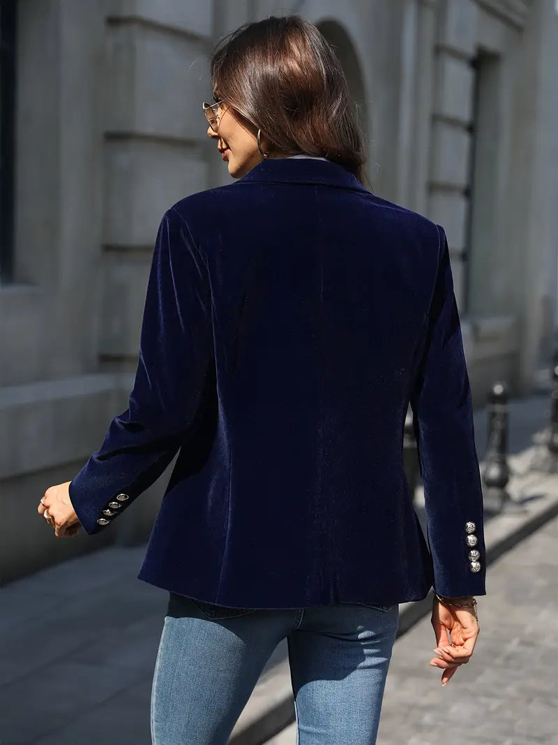 Women's Elegant Velvet Blazer Structured Shoulders Slim Fit Gold-Tone Buttons Formal Casual – Navy