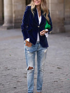 Women's Elegant Velvet Blazer Structured Shoulders Slim Fit Gold-Tone Buttons Formal Casual – Navy