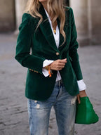 Women's Elegant Velvet Blazer Structured Shoulders Slim Fit Gold-Tone Buttons Formal Casual – Navy