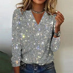 Women's Shimmering Glitter V-Neck Long Sleeve Top Elegant Evening Party Night Out Cocktail Holiday Festive – Autumn Silver