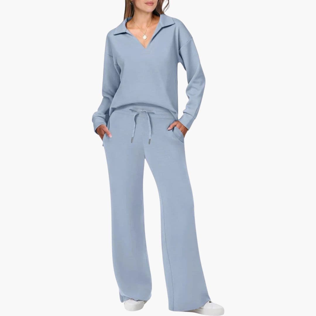 Women's Two-Piece Set V-Neck Long Sleeve Top Loose Wide-Leg Pants Pockets Casual Everyday Comfort