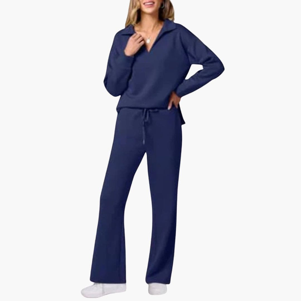 Women's Two-Piece Set V-Neck Long Sleeve Top Loose Wide-Leg Pants Pockets Casual Everyday Comfort