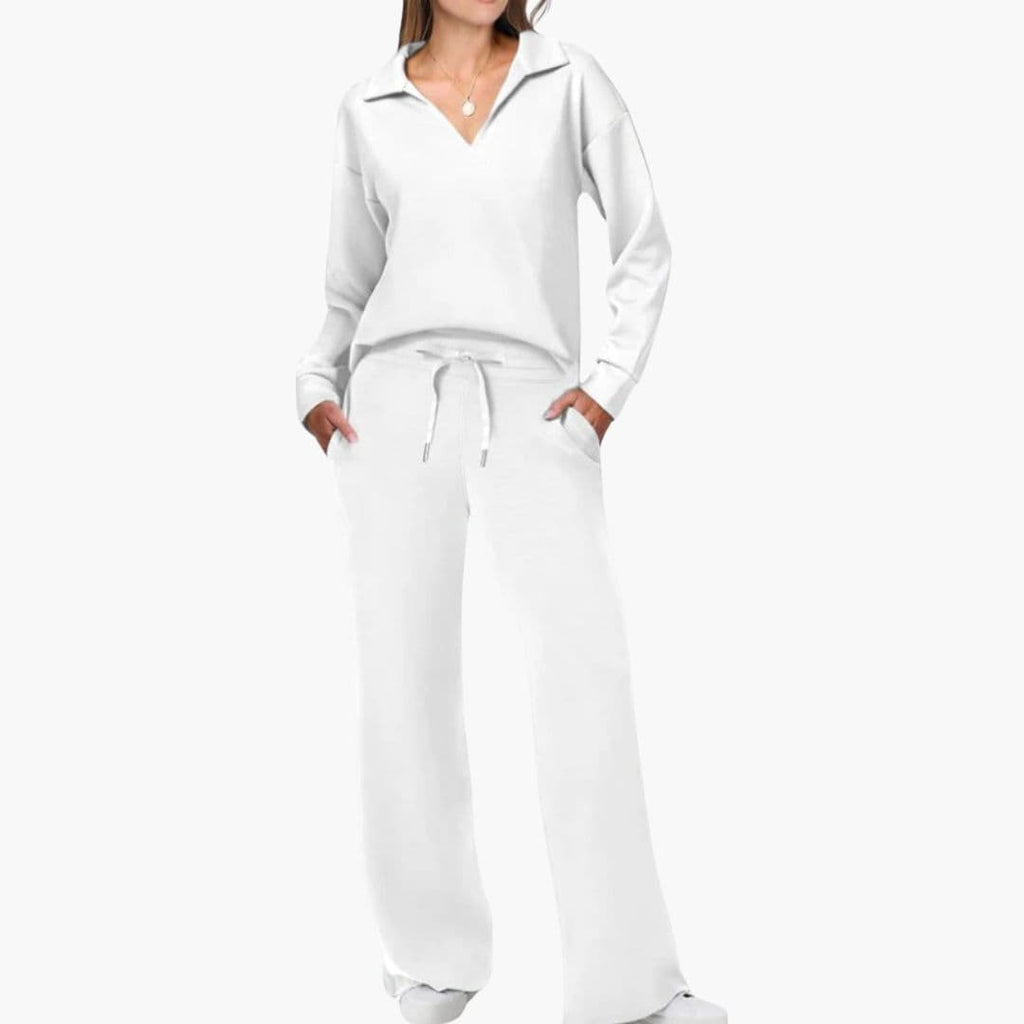 Women's Two-Piece Set V-Neck Long Sleeve Top Loose Wide-Leg Pants Pockets Casual Everyday Comfort