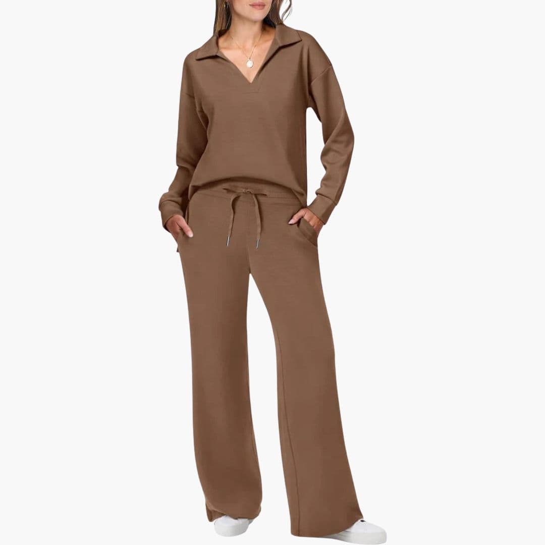 Women's Two-Piece Set V-Neck Long Sleeve Top Loose Wide-Leg Pants Pockets Casual Everyday Comfort