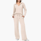 Women's Two-Piece Set V-Neck Long Sleeve Top Loose Wide-Leg Pants Pockets Casual Everyday Comfort