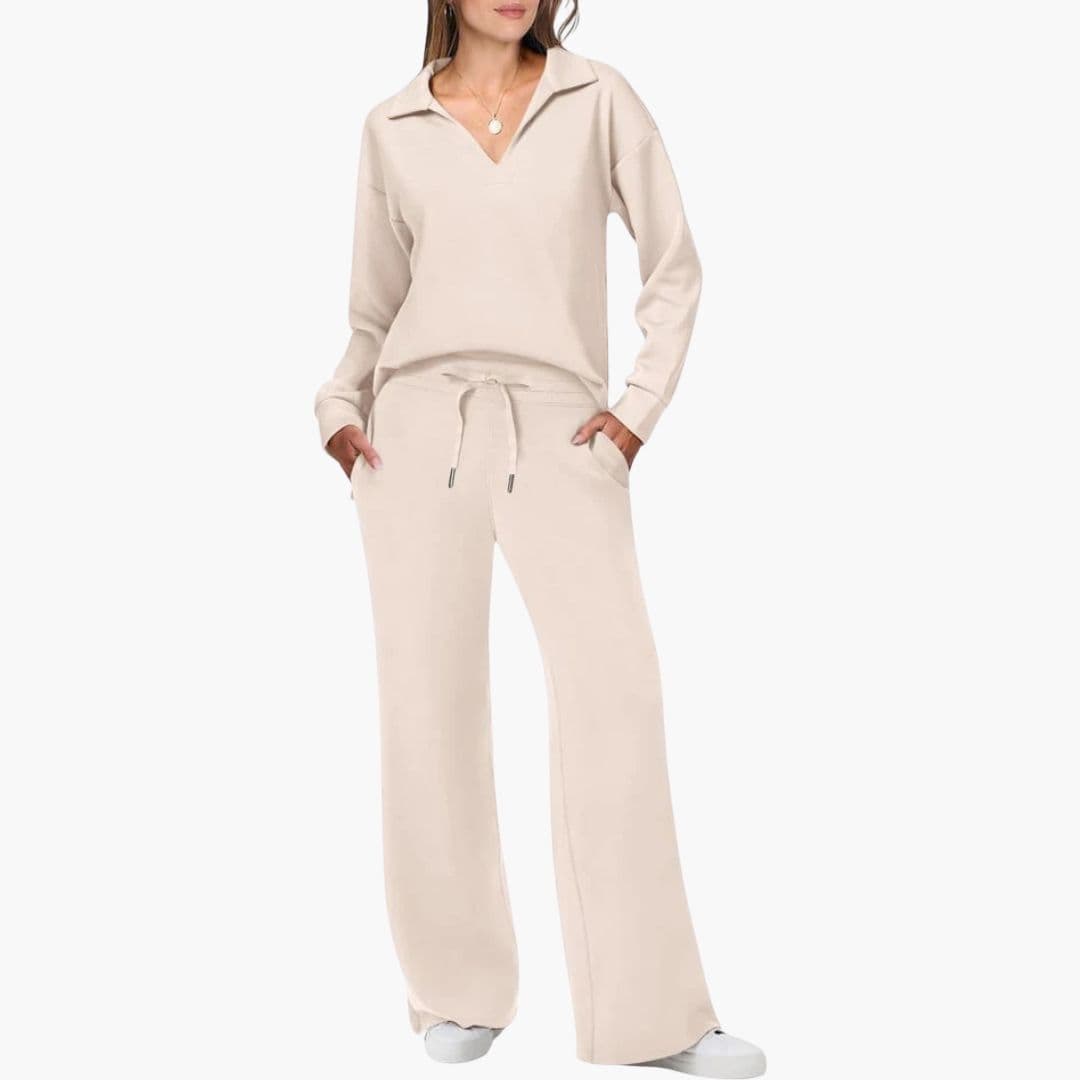 Women's Two-Piece Set V-Neck Long Sleeve Top Loose Wide-Leg Pants Pockets Casual Everyday Comfort