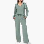 Women's Two-Piece Set V-Neck Long Sleeve Top Loose Wide-Leg Pants Pockets Casual Everyday Comfort