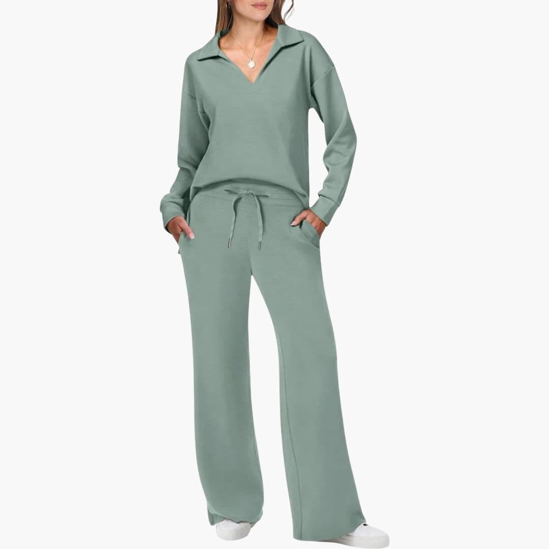 Women's Two-Piece Set V-Neck Long Sleeve Top Loose Wide-Leg Pants Pockets Casual Everyday Comfort