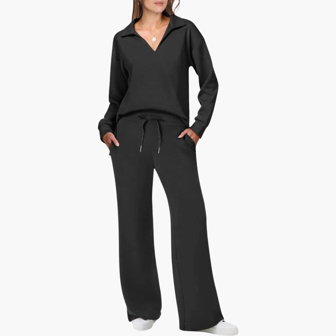 Women's Two-Piece Set V-Neck Long Sleeve Top Loose Wide-Leg Pants Pockets Casual Everyday Comfort