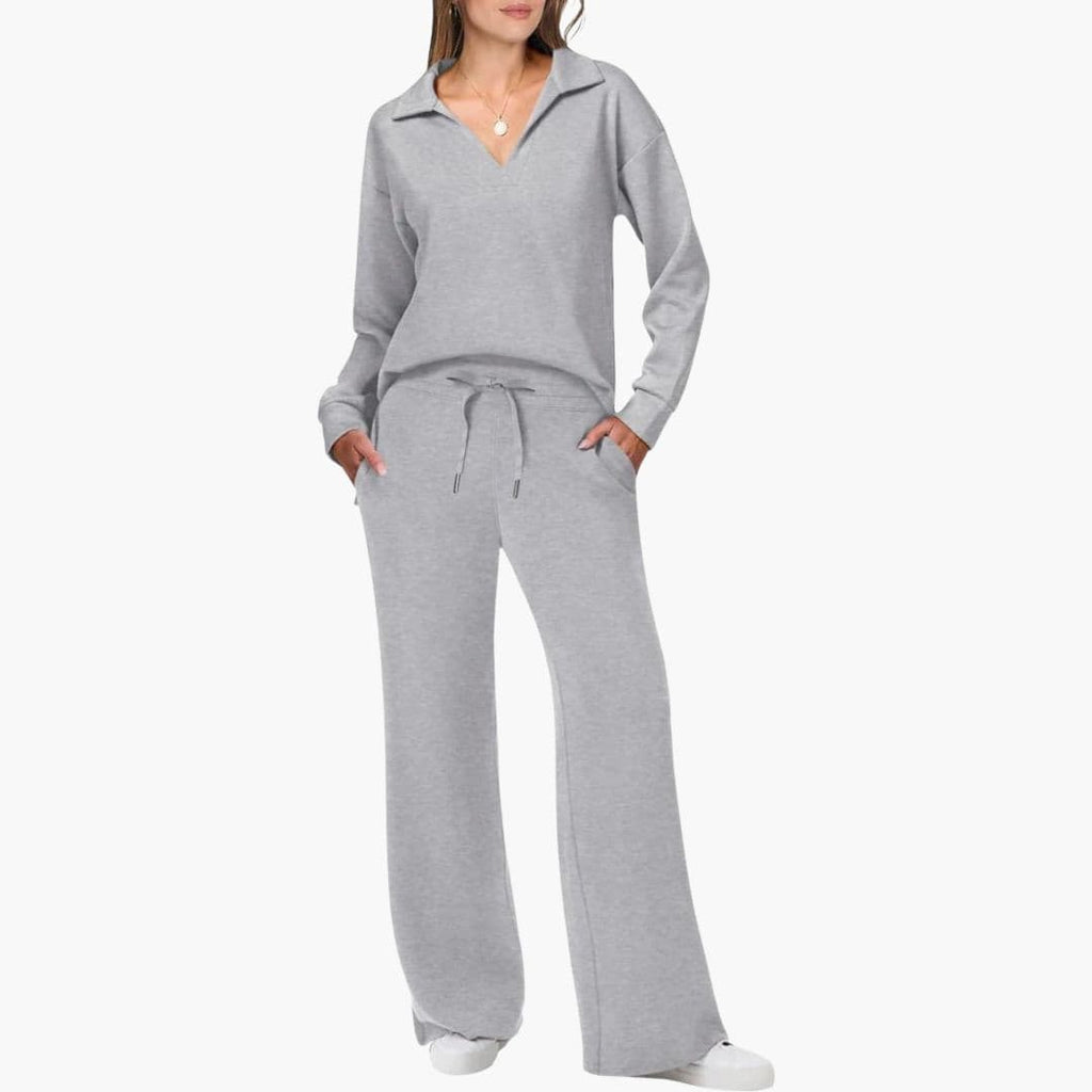 Women's Two-Piece Set V-Neck Long Sleeve Top Loose Wide-Leg Pants Pockets Casual Everyday Comfort