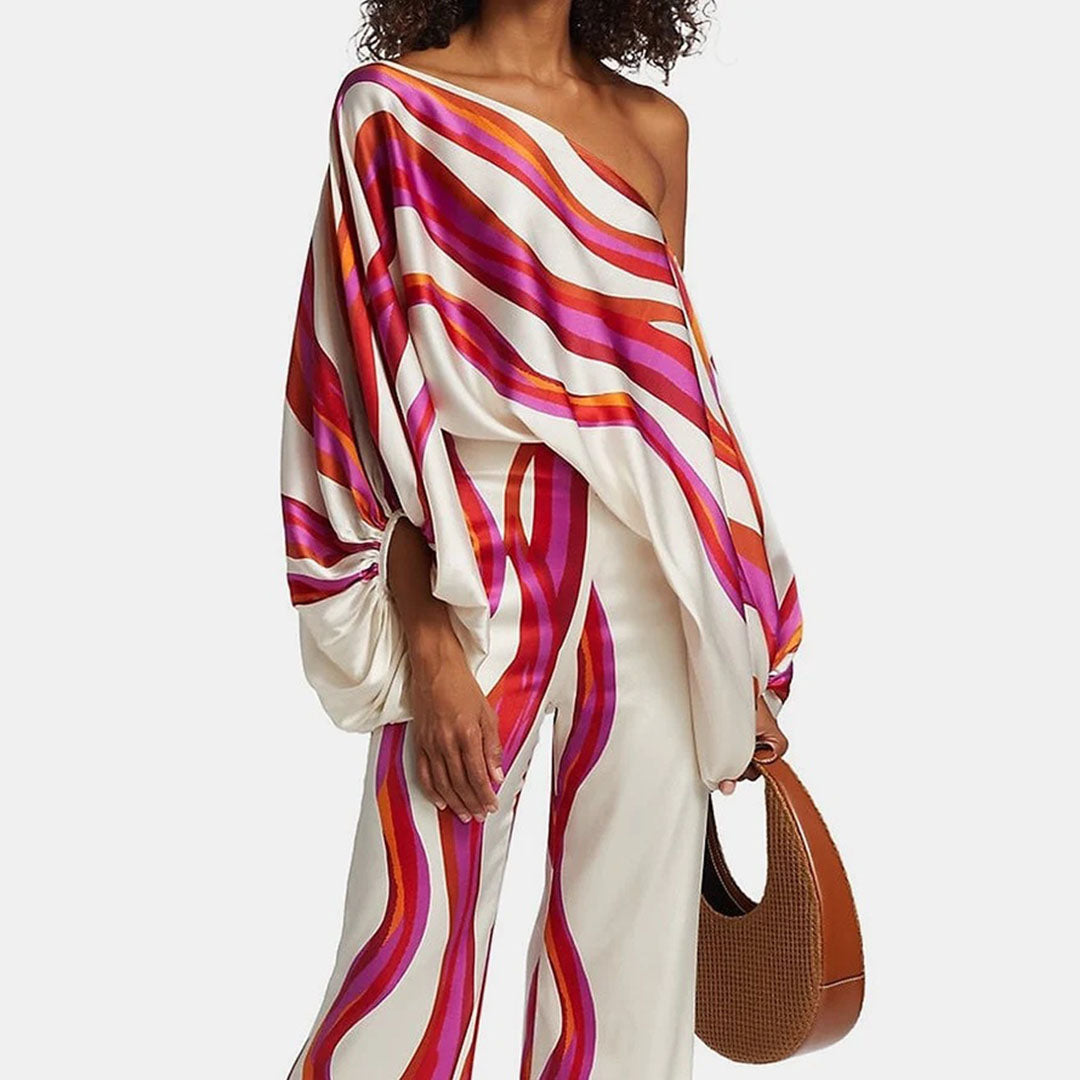 Women's Chic Summer Two-Piece Set Printed Flowy Top Wide-Leg Pants Casual Vacation Elegant Outfit