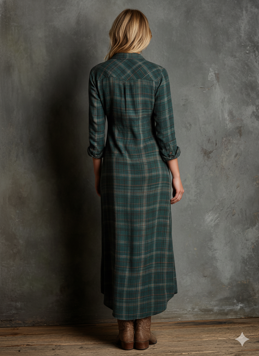 Women's Plaid Lapel Single-Breasted Shirt Long Dress Long Sleeve Casual Elegant – Green Tartan