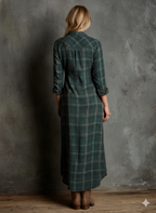 Women's Plaid Lapel Single-Breasted Shirt Long Dress Long Sleeve Casual Elegant – Green Tartan