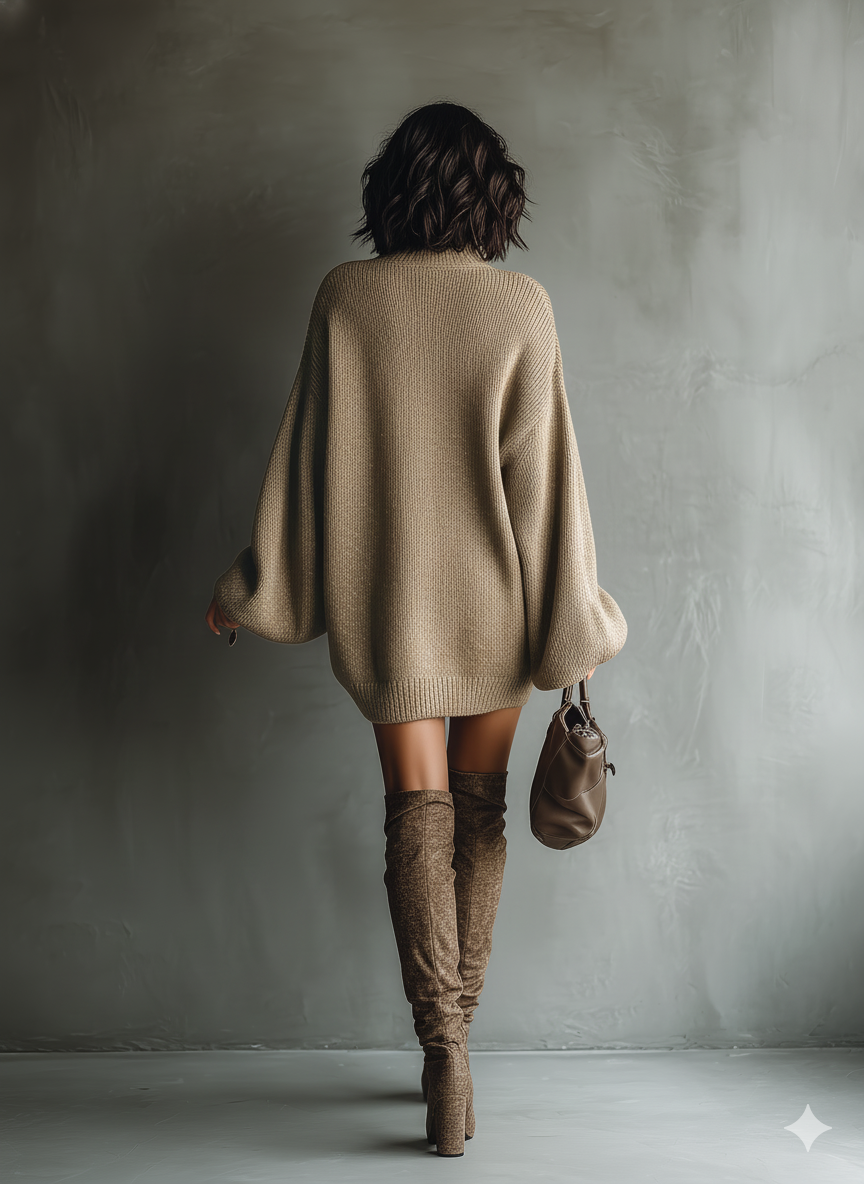 Women's Vintage Knit Mini Party Dress Long Sleeve Loose Fit Cozy Casual Retro – Caramel Brown