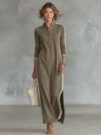 Women's Minimalist Casual Summer Long Dress Button-Down Collar White Trim Chic – Black