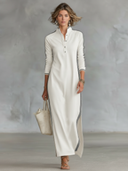 Women's Minimalist Casual Summer Long Dress Button-Down Collar White Trim Chic – Black