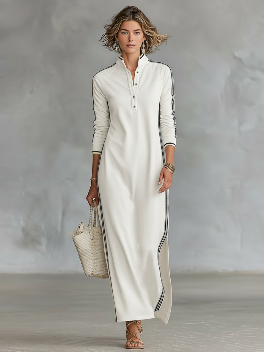 Women's Minimalist Casual Summer Long Dress Button-Down Collar White Trim Chic – Black