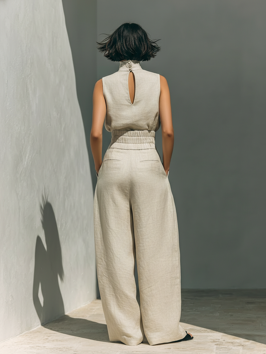 Women's Minimalist Cotton Linen Two-Piece Set Sleeveless Blouse Wide-Leg Pants Casual Chic – Beige