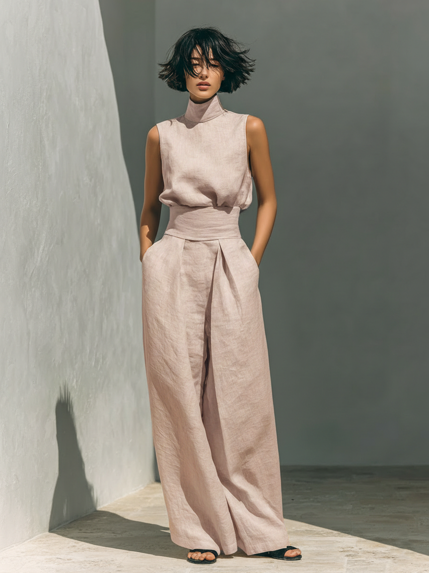 Women's Minimalist Cotton Linen Two-Piece Set Sleeveless Blouse Wide-Leg Pants Casual Chic – Beige