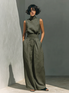 Women's Minimalist Cotton Linen Two-Piece Set Sleeveless Blouse Wide-Leg Pants Casual Chic – Beige