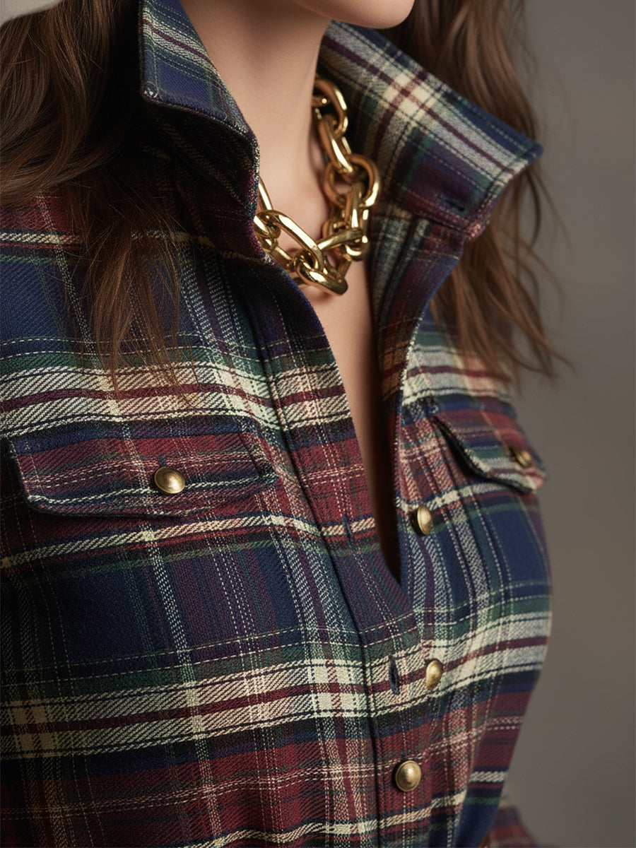 Women's Retro Ethnic Plaid Cowgirl Long Dress Lapel Belted Long Sleeve Casual Relaxed – Reddish Brown