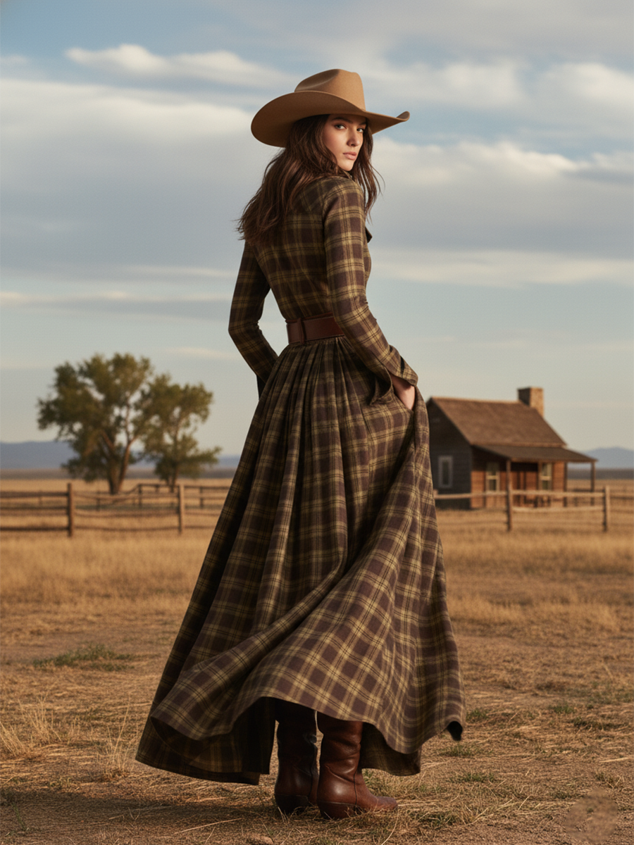 Women's Retro Ethnic Plaid Cowgirl Long Dress Lapel Belted Long Sleeve Casual Relaxed – Reddish Brown