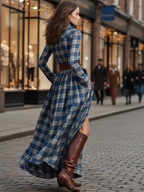 Women's Retro Ethnic Plaid Cowgirl Long Dress Lapel Belted Long Sleeve Casual Relaxed – Reddish Brown