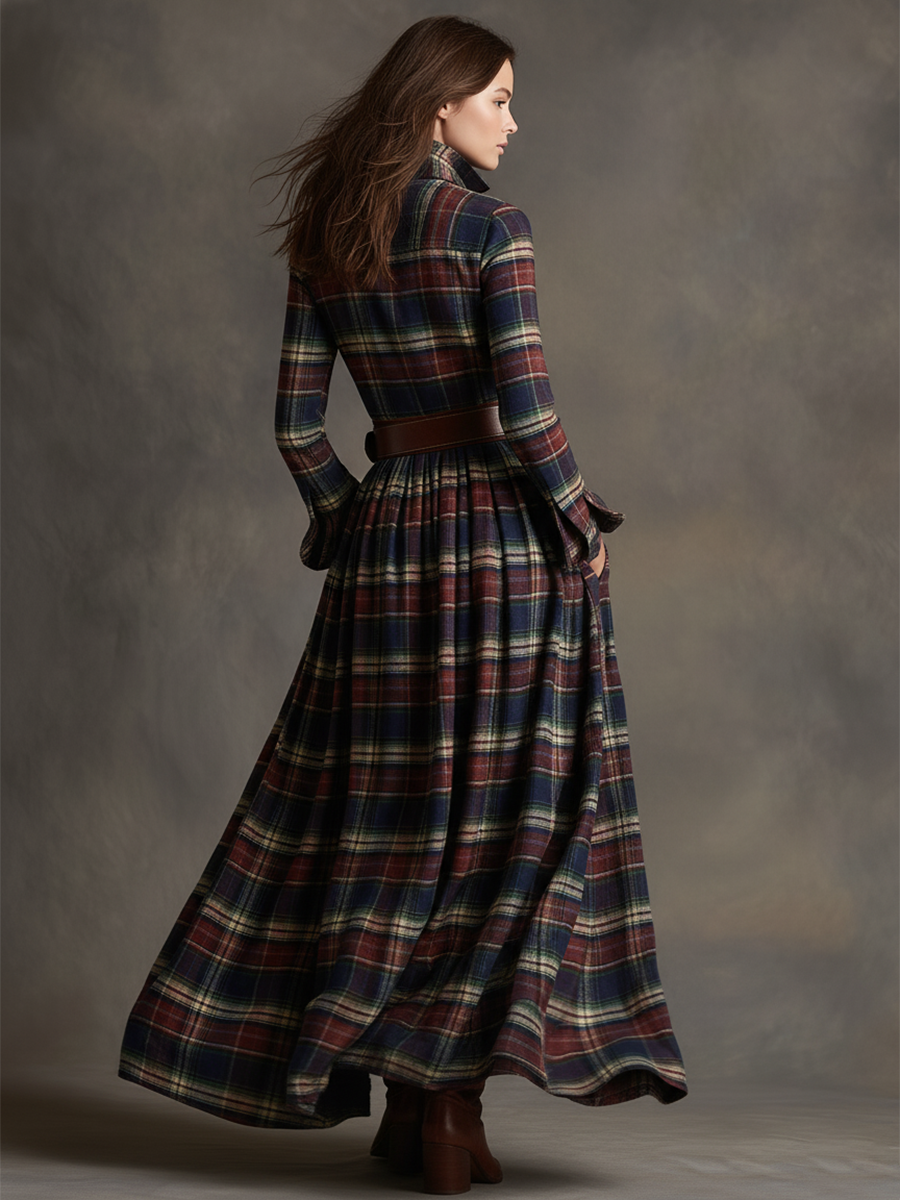 Women's Retro Ethnic Plaid Cowgirl Long Dress Lapel Belted Long Sleeve Casual Relaxed – Reddish Brown