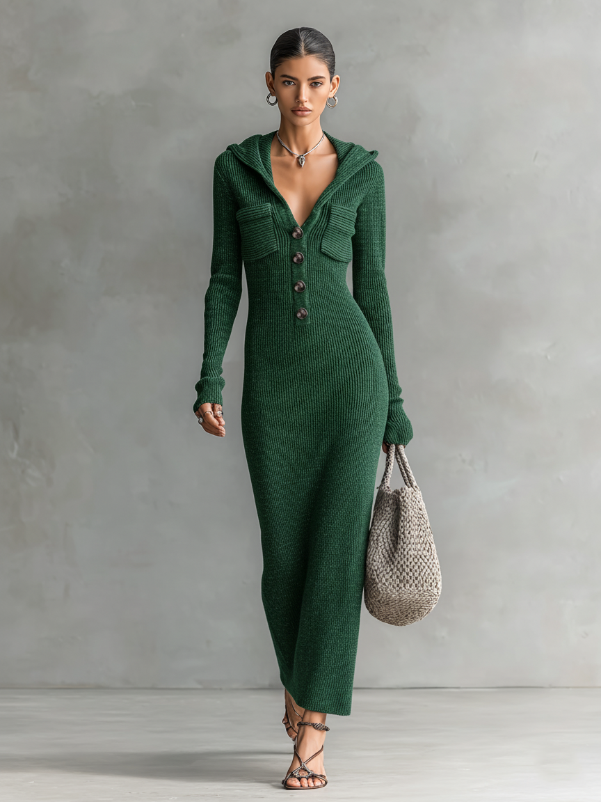 Women's Slim-Fit Hooded Knitted Long Casual Dress Long Sleeve Cozy Chic Everyday – Navy
