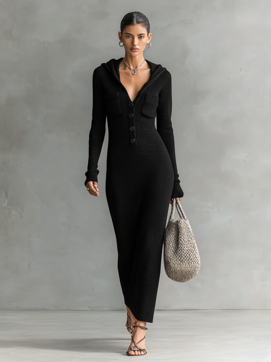 Women's Slim-Fit Hooded Knitted Long Casual Dress Long Sleeve Cozy Chic Everyday – Navy
