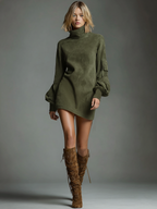Women's Vintage Suede Mini Party Dress Turtleneck Long Sleeve Loose Fit Casual Retro – Brown