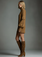 Women's Vintage Suede Mini Party Dress Turtleneck Long Sleeve Loose Fit Casual Retro – Brown