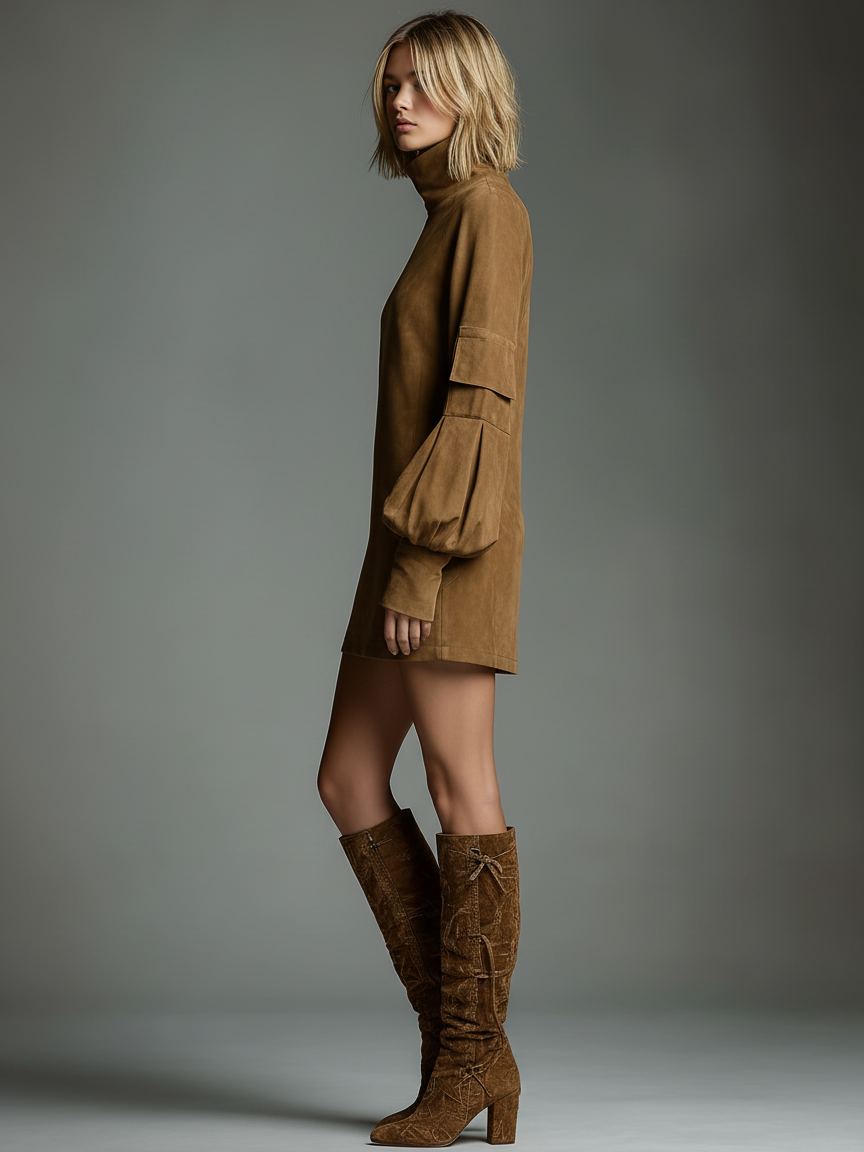 Women's Vintage Suede Mini Party Dress Turtleneck Long Sleeve Loose Fit Casual Retro – Brown