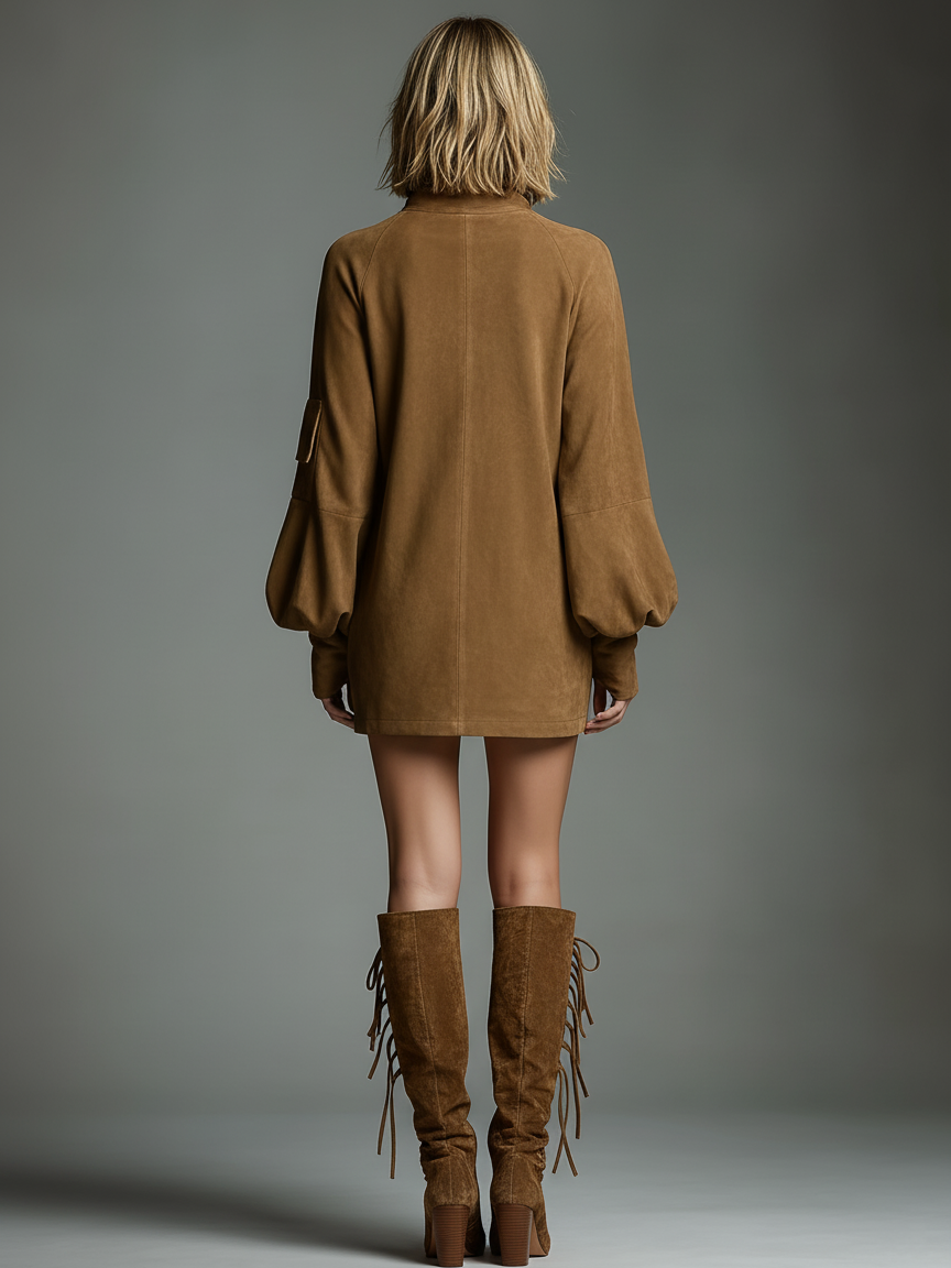 Women's Vintage Suede Mini Party Dress Turtleneck Long Sleeve Loose Fit Casual Retro – Brown