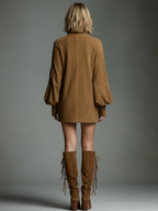 Women's Vintage Suede Mini Party Dress Turtleneck Long Sleeve Loose Fit Casual Retro – Brown