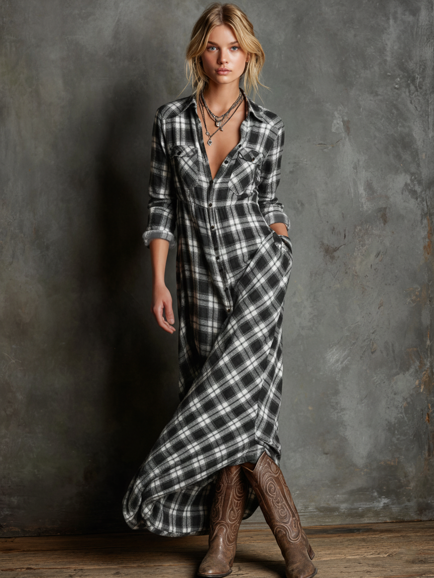 Women's Plaid Lapel Single-Breasted Shirt Long Dress Long Sleeve Casual Elegant – Green Tartan