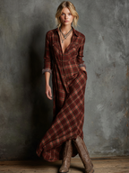 Women's Plaid Lapel Single-Breasted Shirt Long Dress Long Sleeve Casual Elegant – Green Tartan