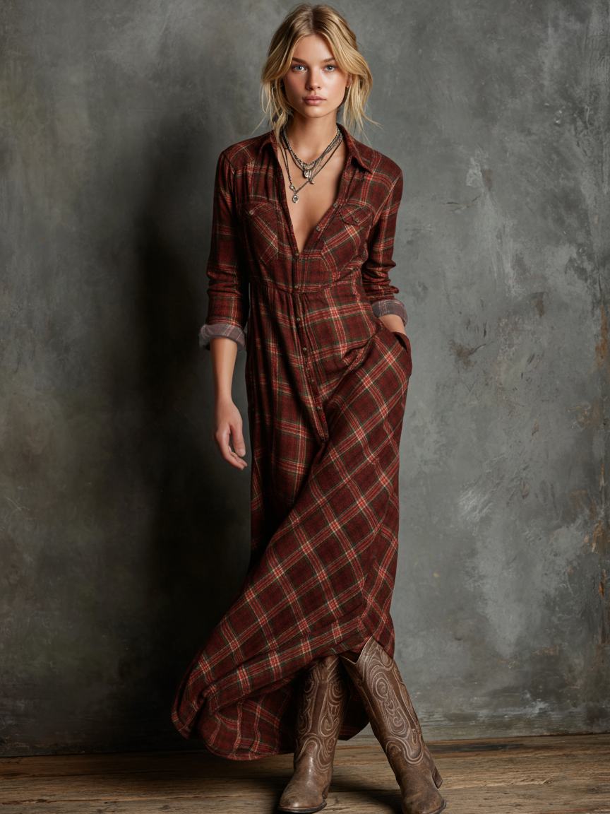Women's Plaid Lapel Single-Breasted Shirt Long Dress Long Sleeve Casual Elegant – Green Tartan